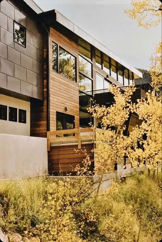 Modern mountain home with wood and metal siding behind golden aspens