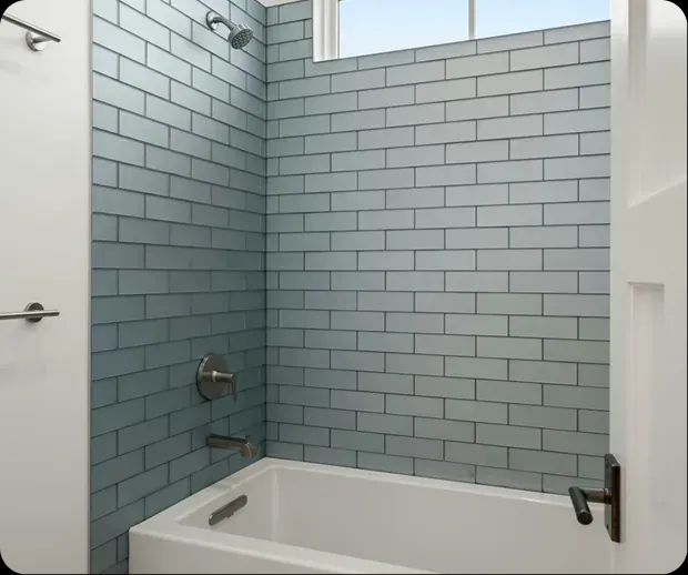 Tub surround in sage subway tile