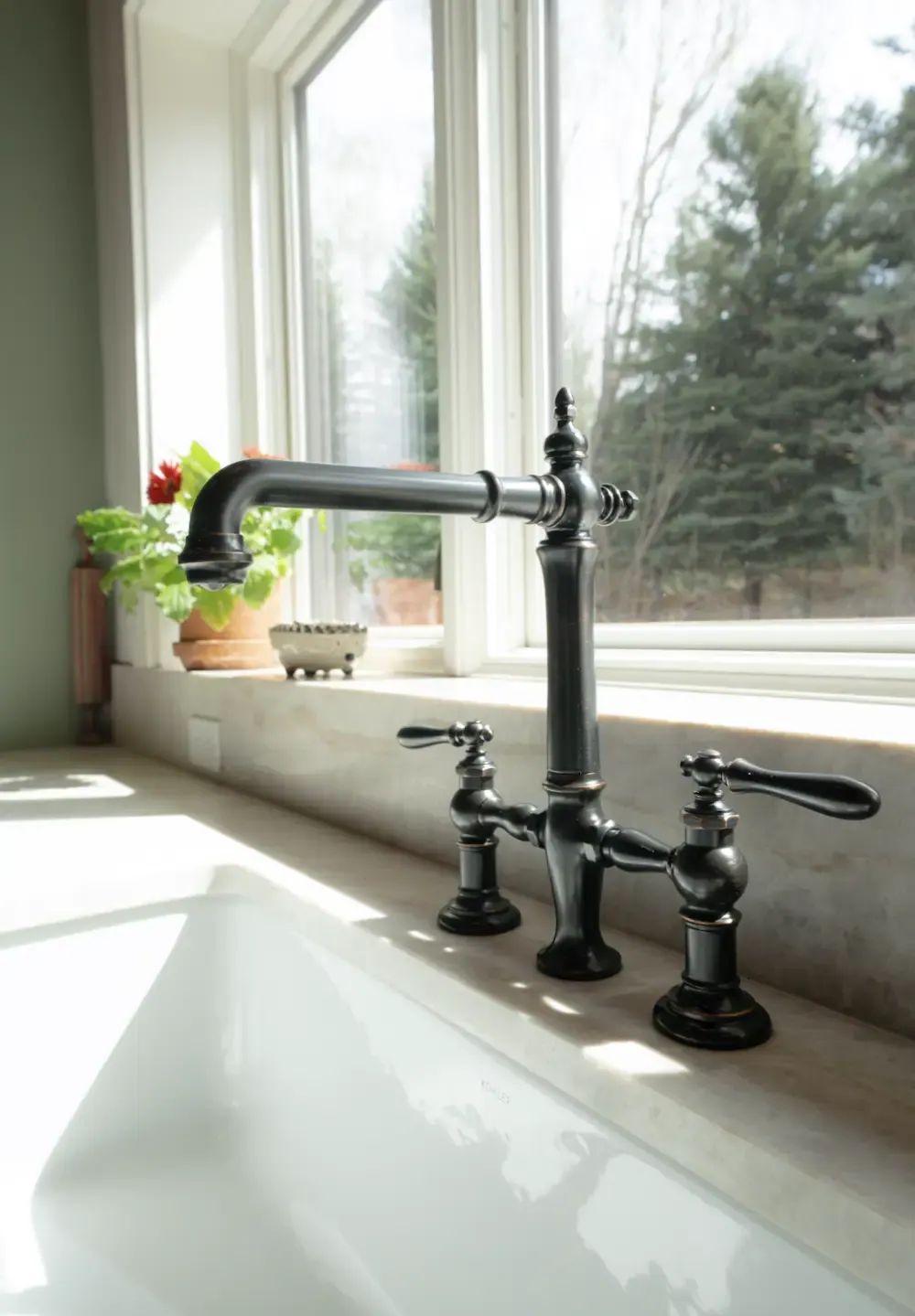 Black bridge faucet over a white farmhouse sink by a sunny window
