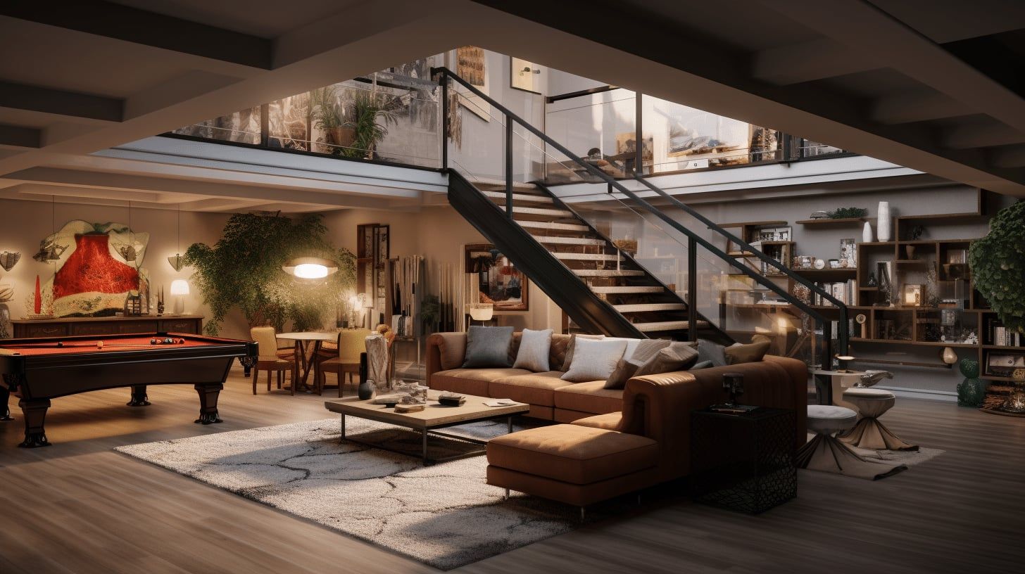 Illustration of a finished basement with a lounge, pool table and open staircase