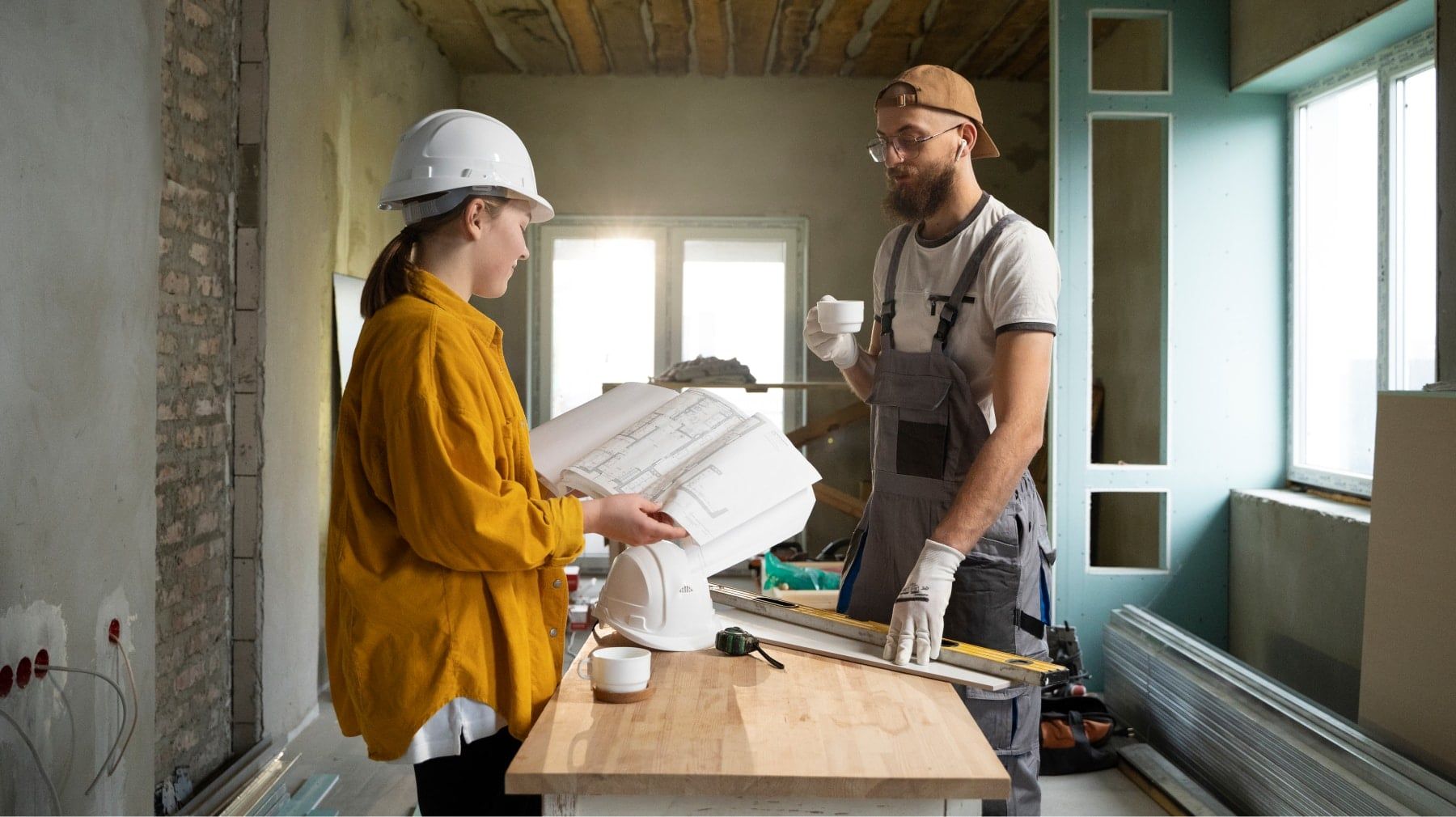 Contractor and client in hard hats reviewing plans on a renovation site