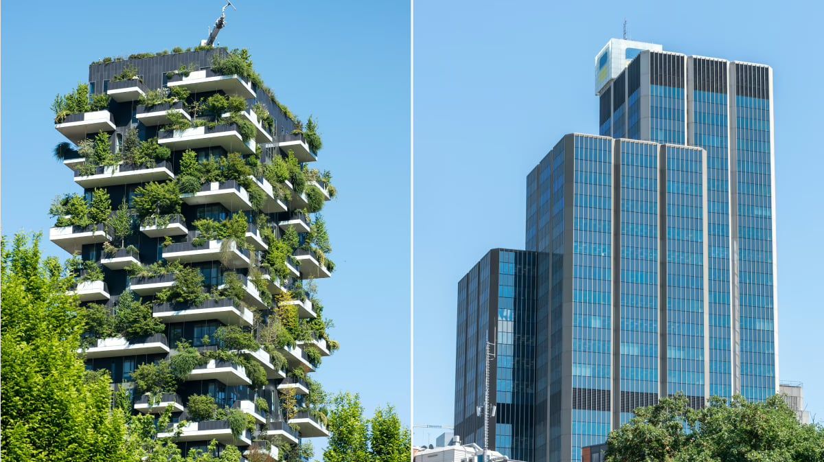 Side-by-side image of a tower covered in balcony plantings and a conventional glass office tower