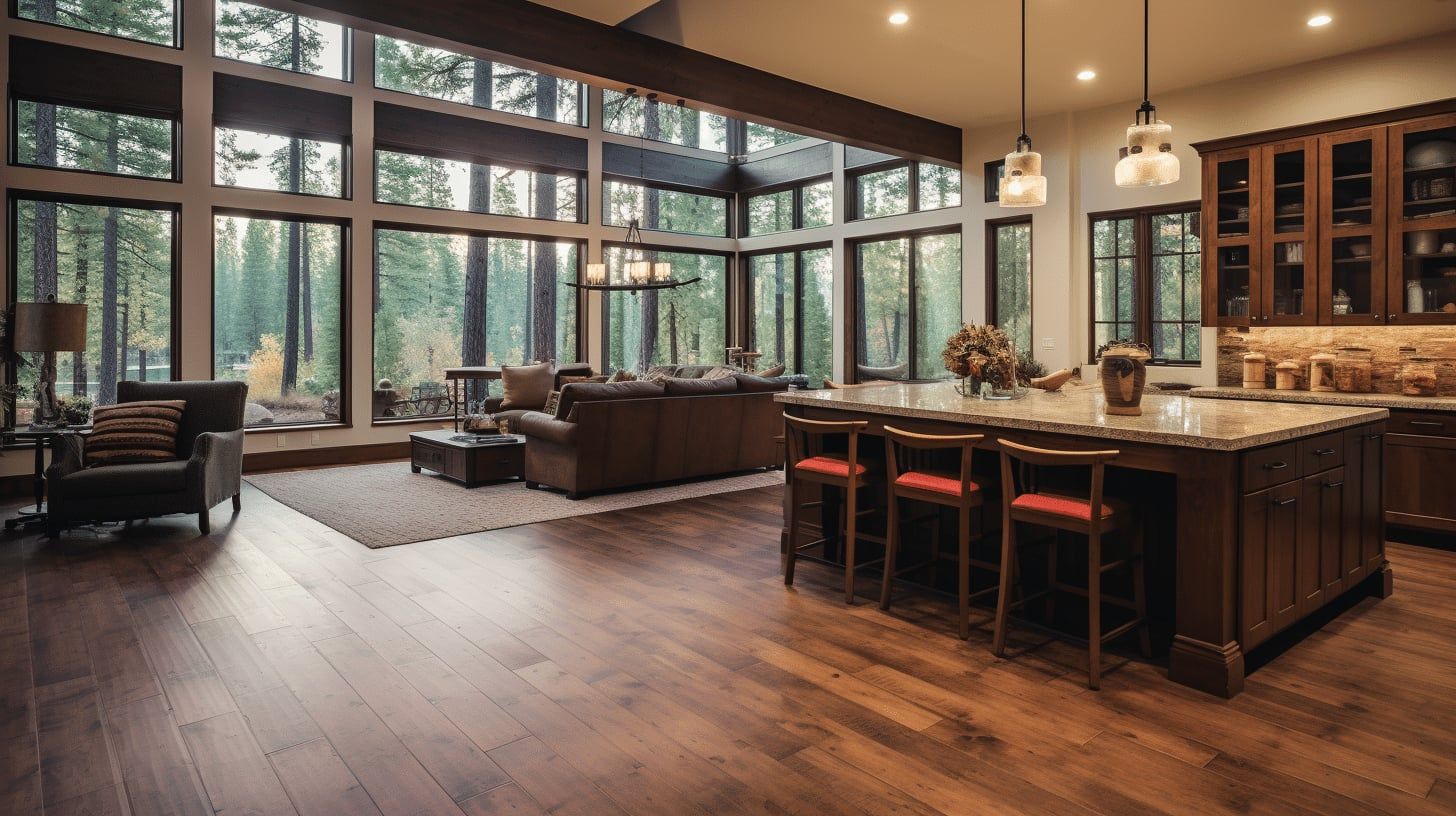 Illustration of a great room with wide-plank hardwood floors and walls of windows