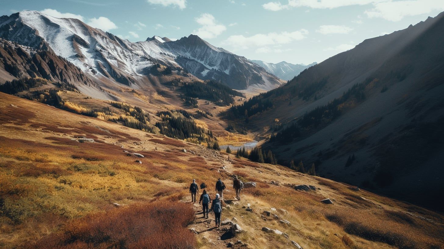 Illustration of a small group of hikers on a trail in a Colorado mountain valley in autumn