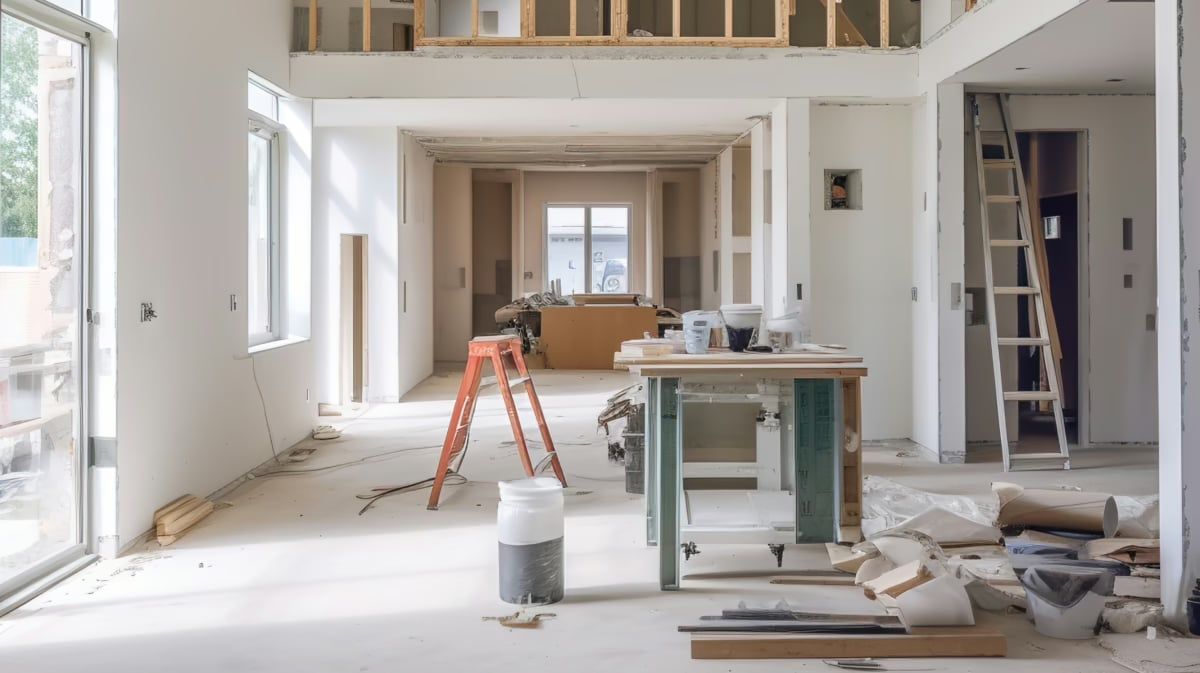 Open-plan home interior mid-remodel with drywall, ladders and tools