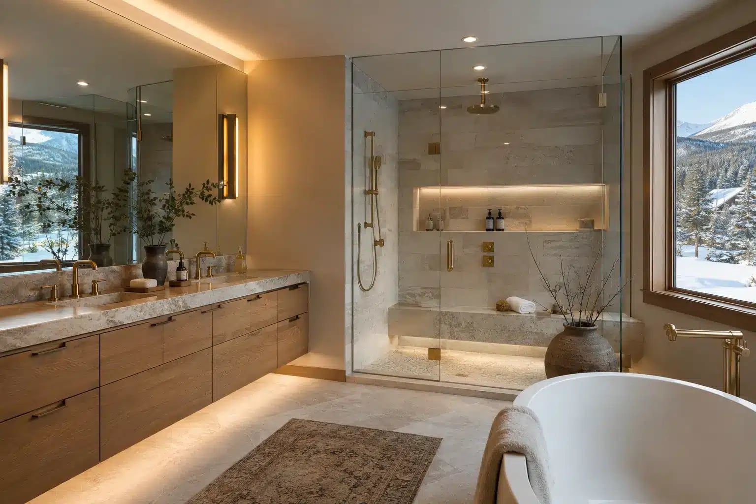 Rendering of a luxury mountain bathroom with a stone vanity, glass steam shower and freestanding tub
