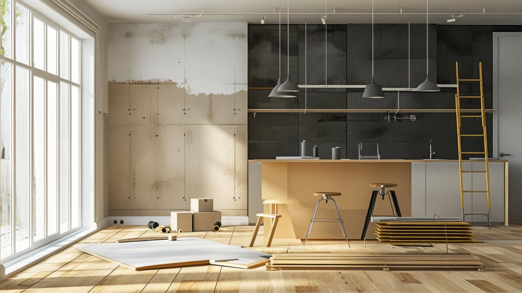 Rendering of a modern kitchen mid-renovation with an island, pendant lights and stacked flooring planks