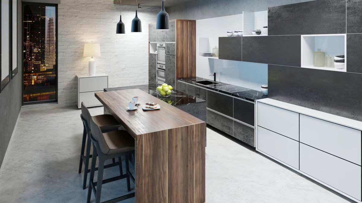 Modern kitchen with a walnut bar counter, dark stone cabinetry and black pendant lights