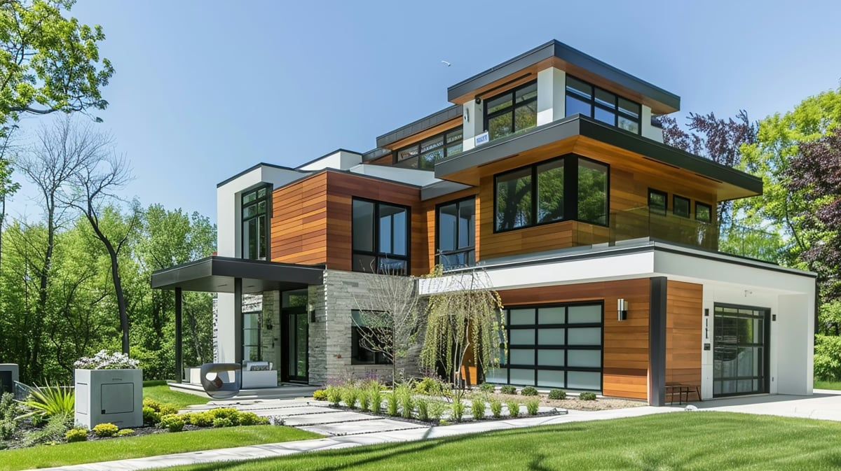 Modern home with wood cladding, stone accents and large windows