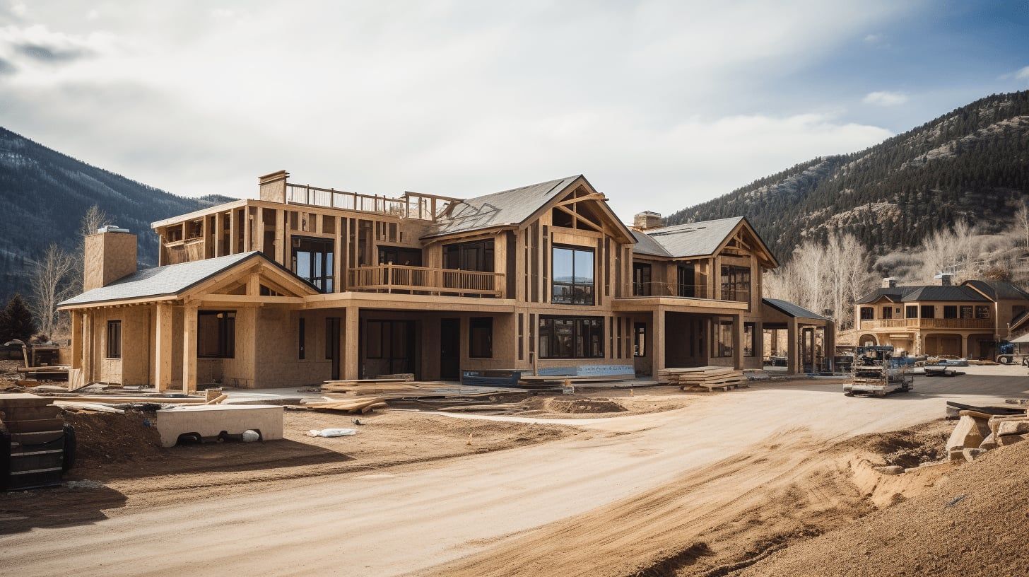 Illustration of a large mountain home under construction with exposed framing in a Colorado valley