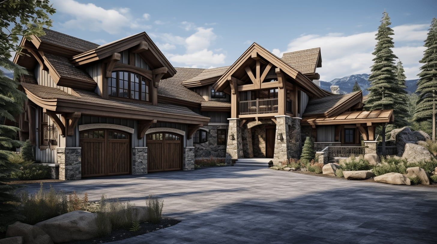 Rendering of a timber and stone mountain home with carriage-style garage doors and a paved drive