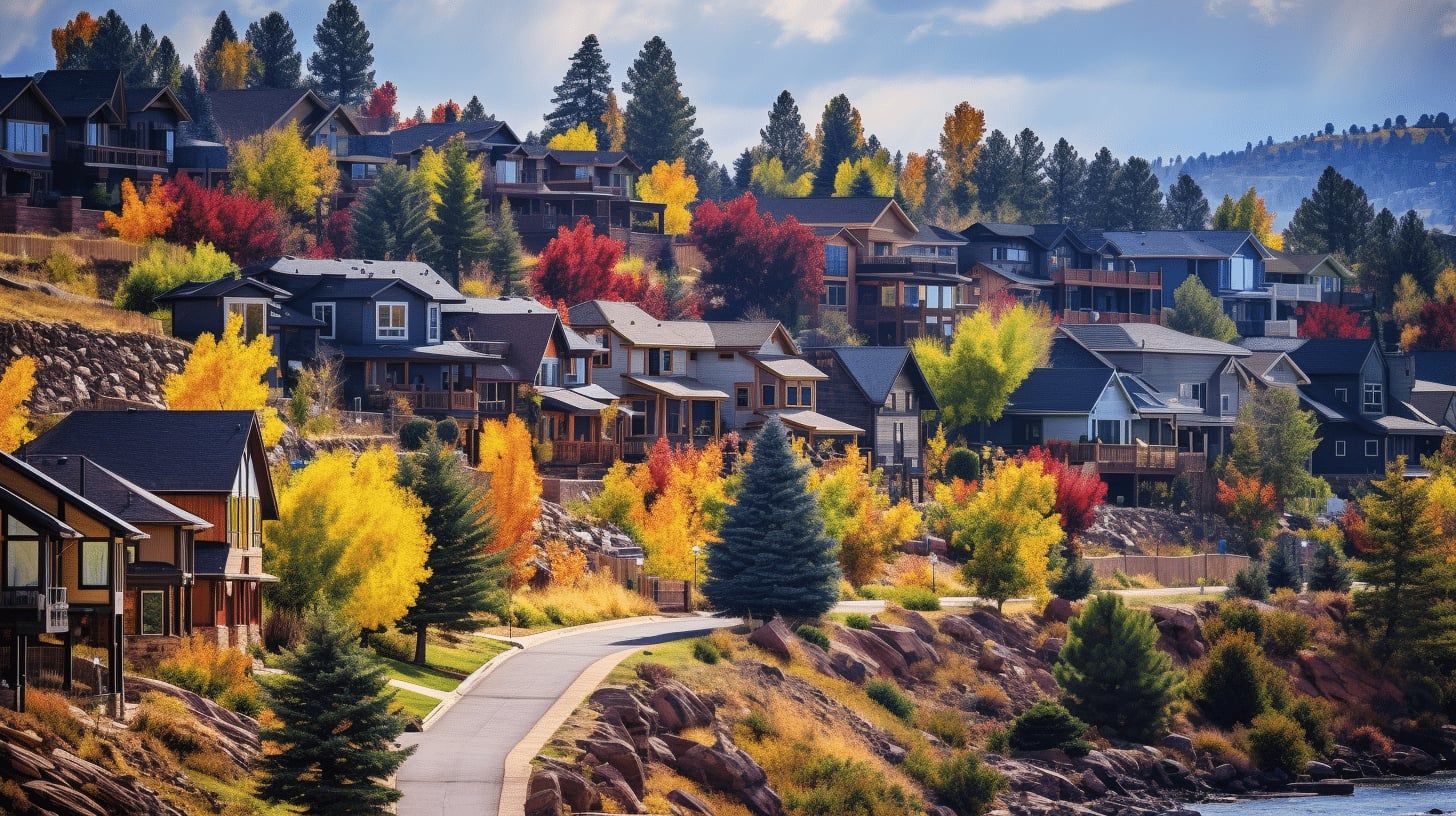 Illustration of a hillside mountain neighborhood of homes among autumn aspens and evergreens