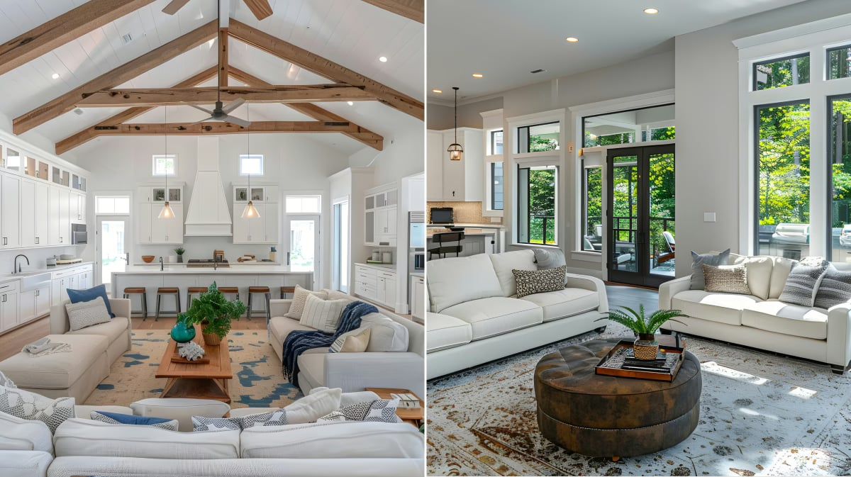 Side-by-side image of an open-concept great room with a vaulted ceiling and a separate traditional living room