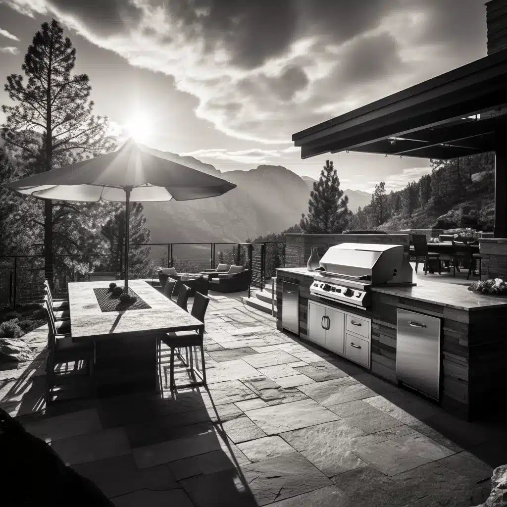 Black-and-white illustration of an outdoor kitchen with a built-in grill and dining table on a mountain deck