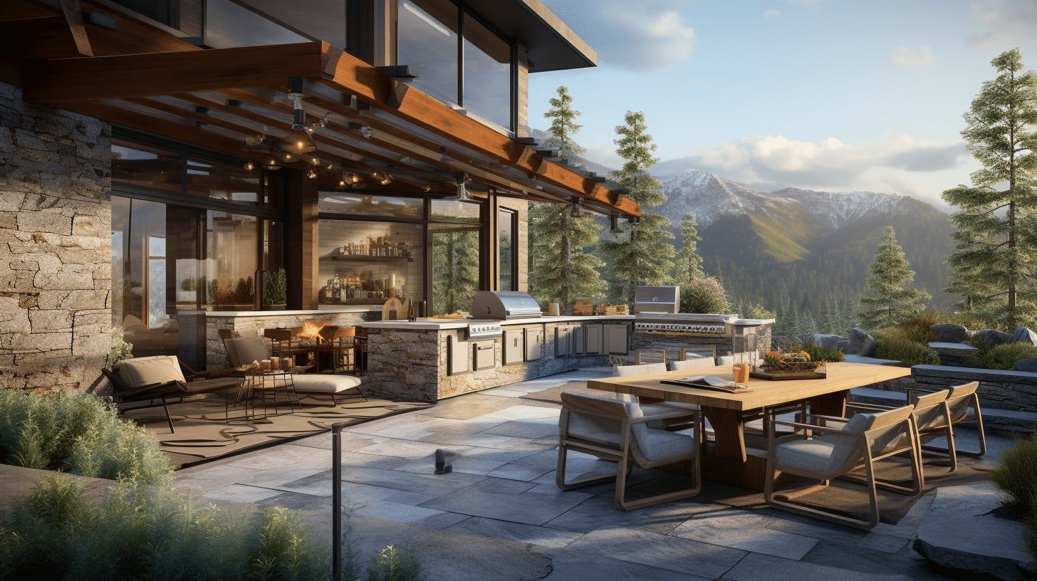 Illustration of a mountain home patio with an outdoor kitchen, dining table and mountain views