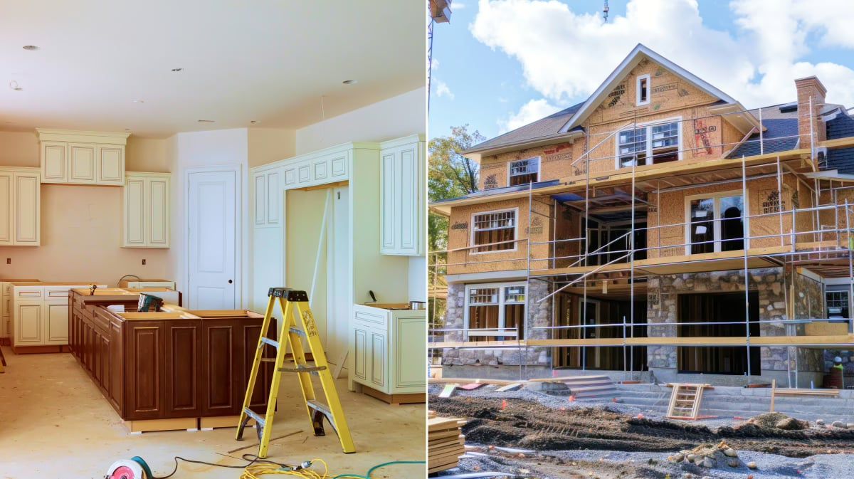 Side-by-side image of a kitchen being remodeled and a new house being built behind scaffolding
