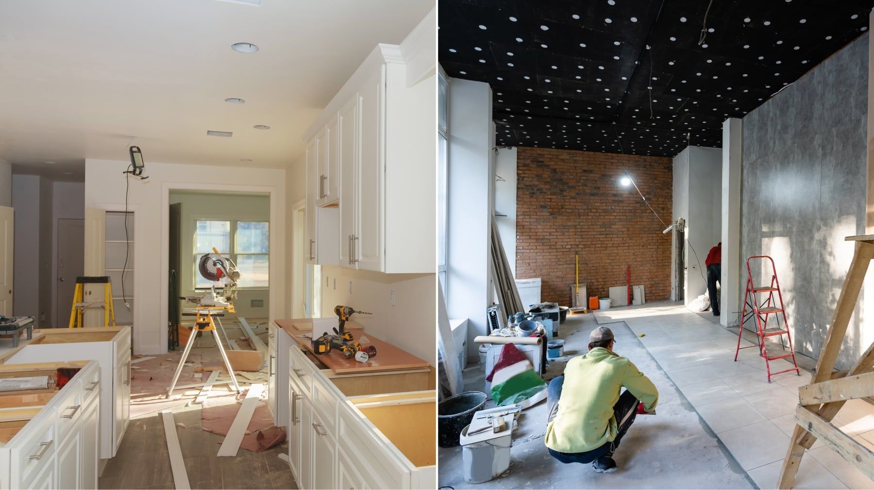 Split image of a residential kitchen renovation in progress and a worker in a gutted commercial space