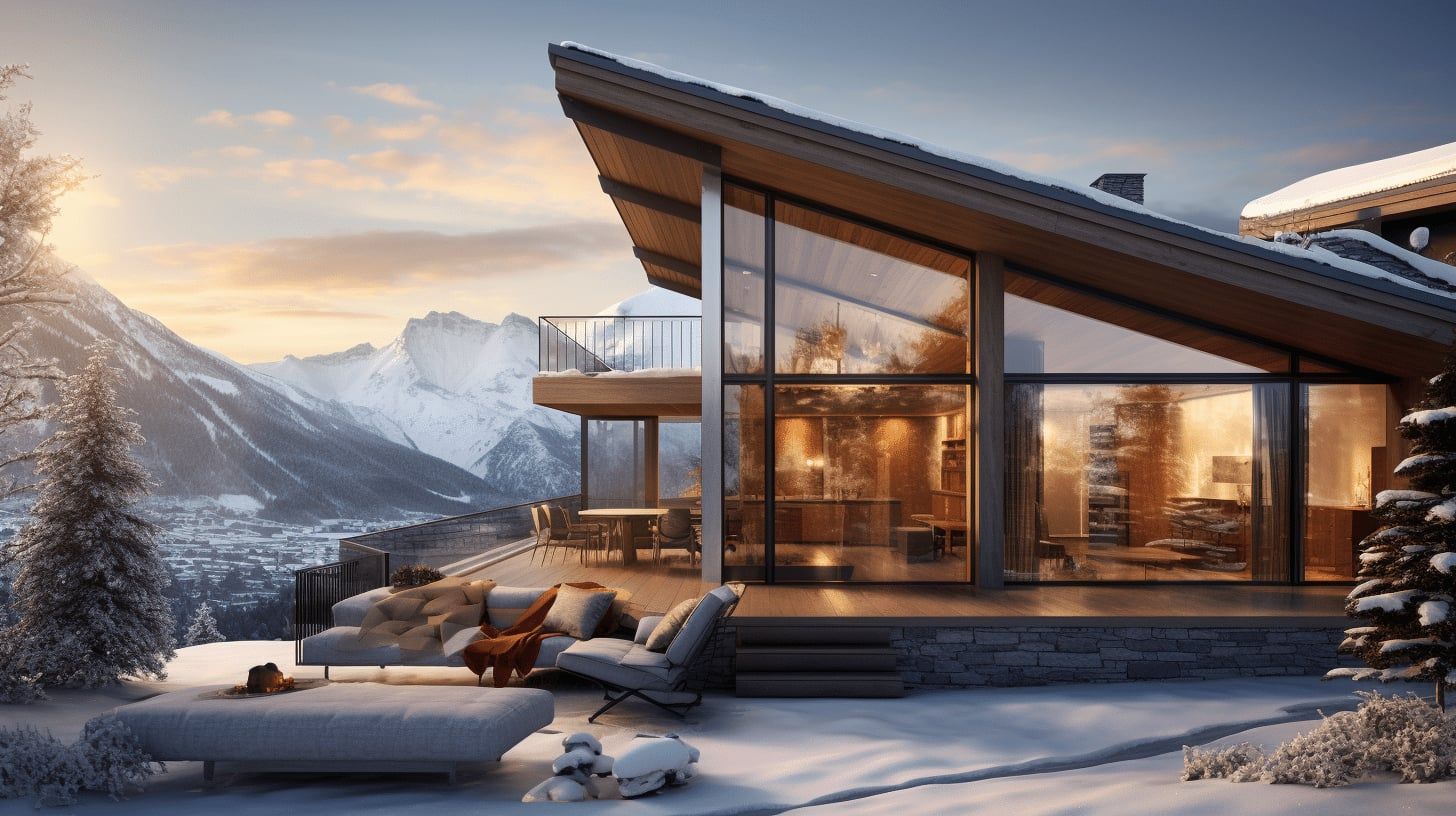 Illustration of a modern ski town home with a glass facade and snowy terrace at sunset