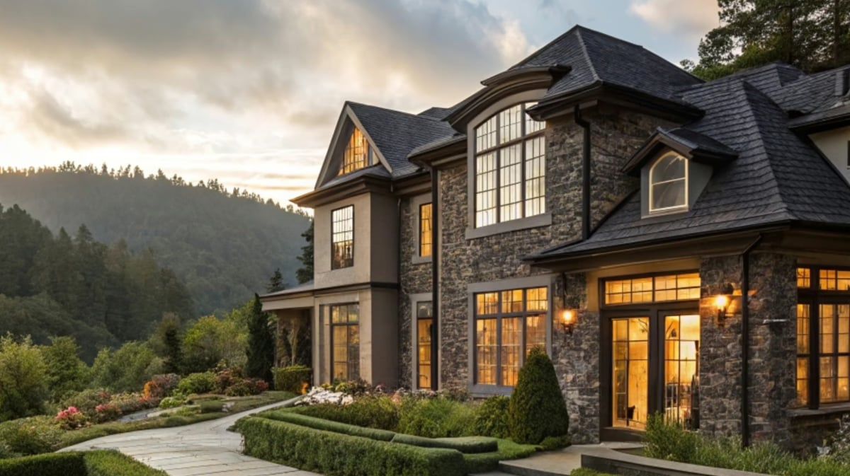 Illustration of a stone custom home with lit windows at dusk