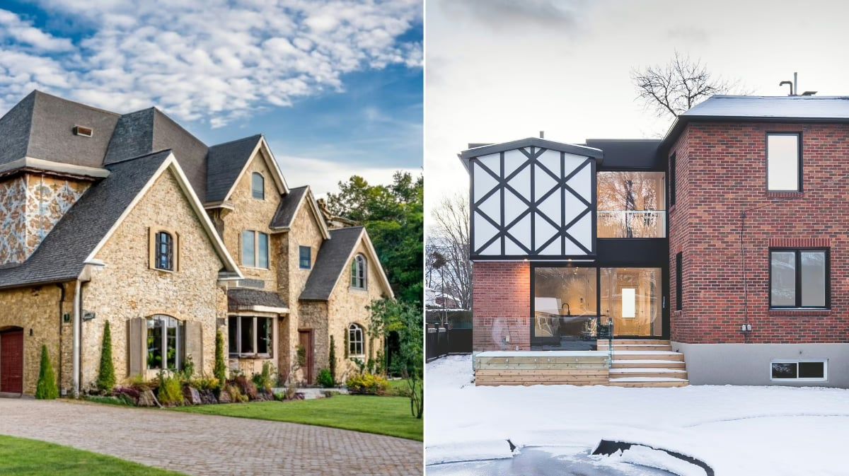 Side-by-side image of a large stone house and a modern brick home with a glass addition in snow