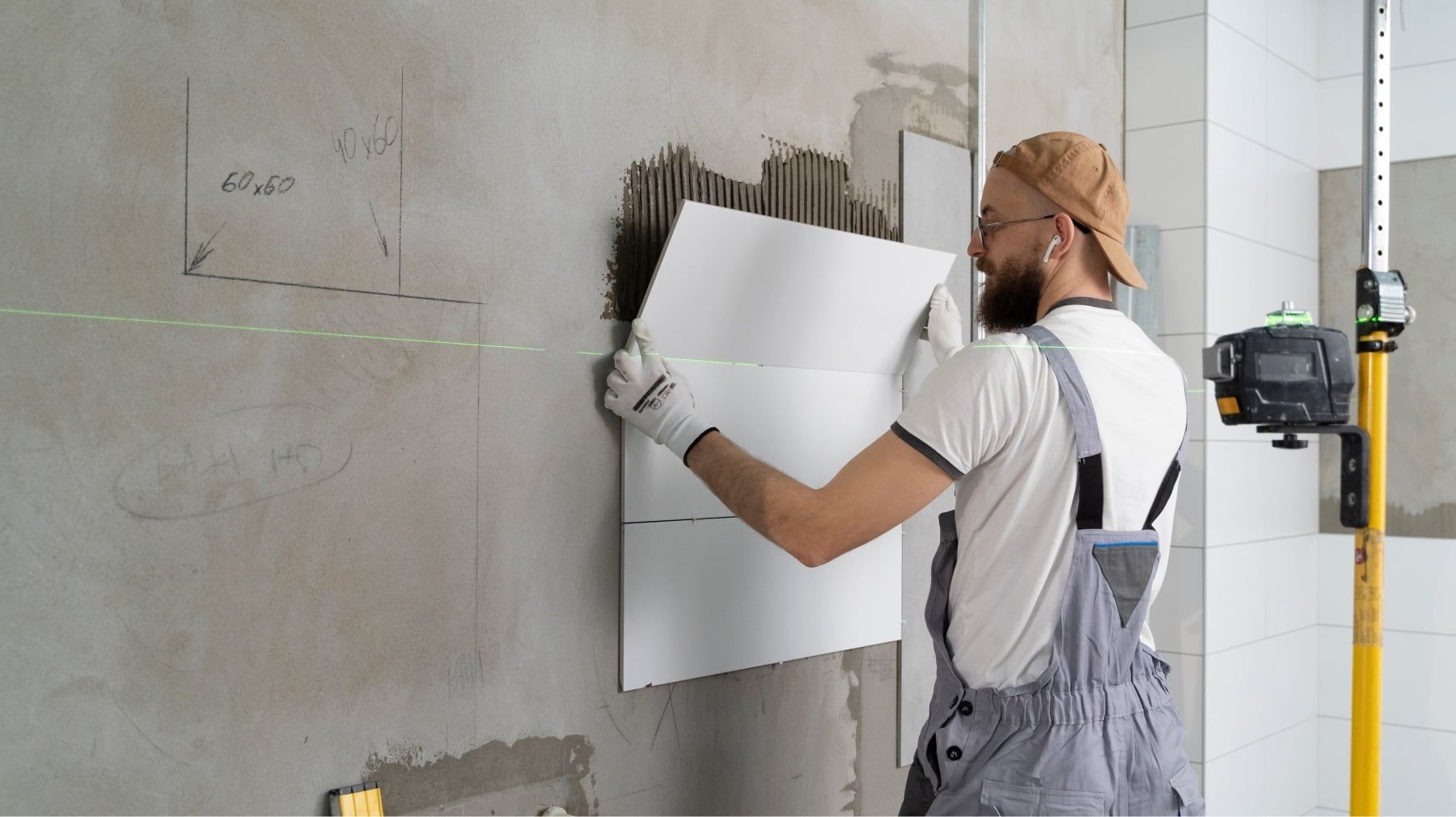Tile installer setting large white tiles on a bathroom wall