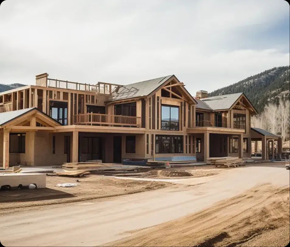 Timber-framed custom mountain home under construction