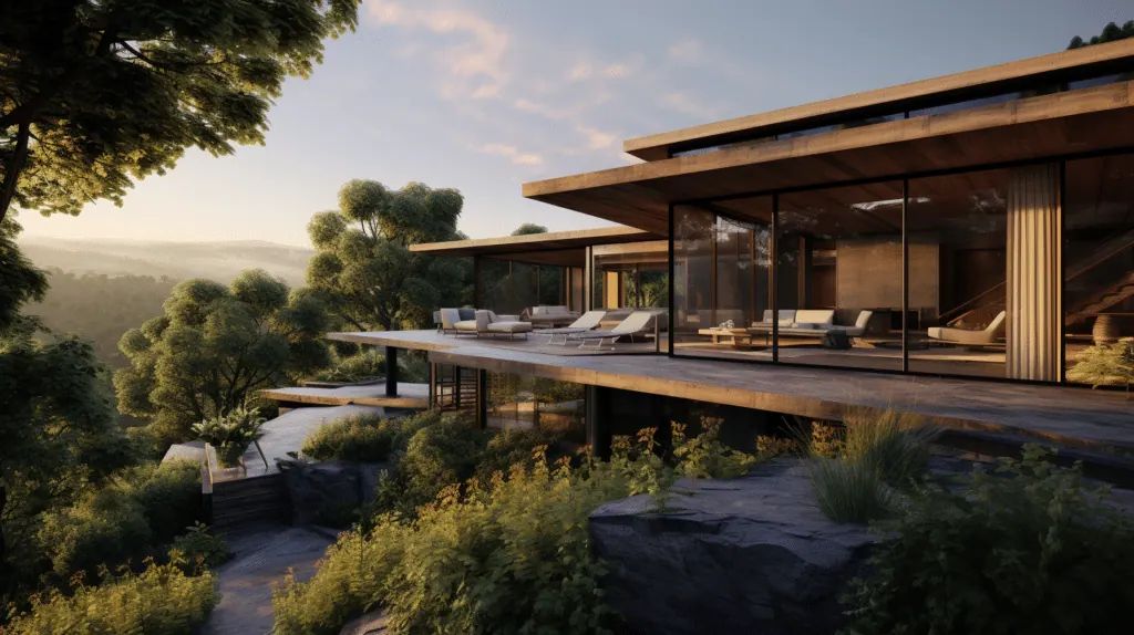 Illustration of an eco-friendly mountain home with native landscaping at sunset