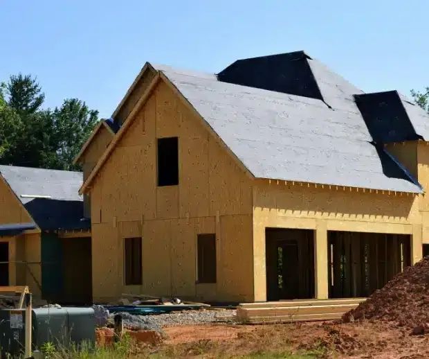 New home under construction with sheathing and roof underlayment