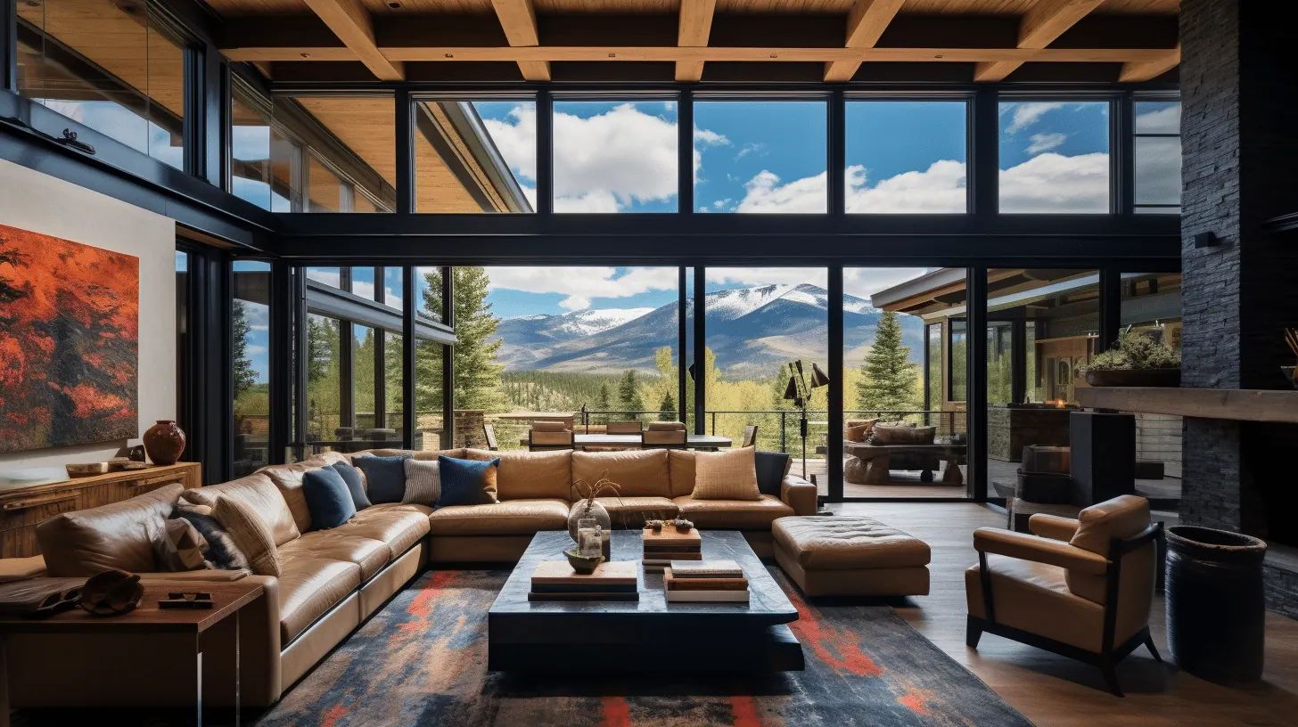 Illustration of a mountain great room with floor-to-ceiling windows and natural light