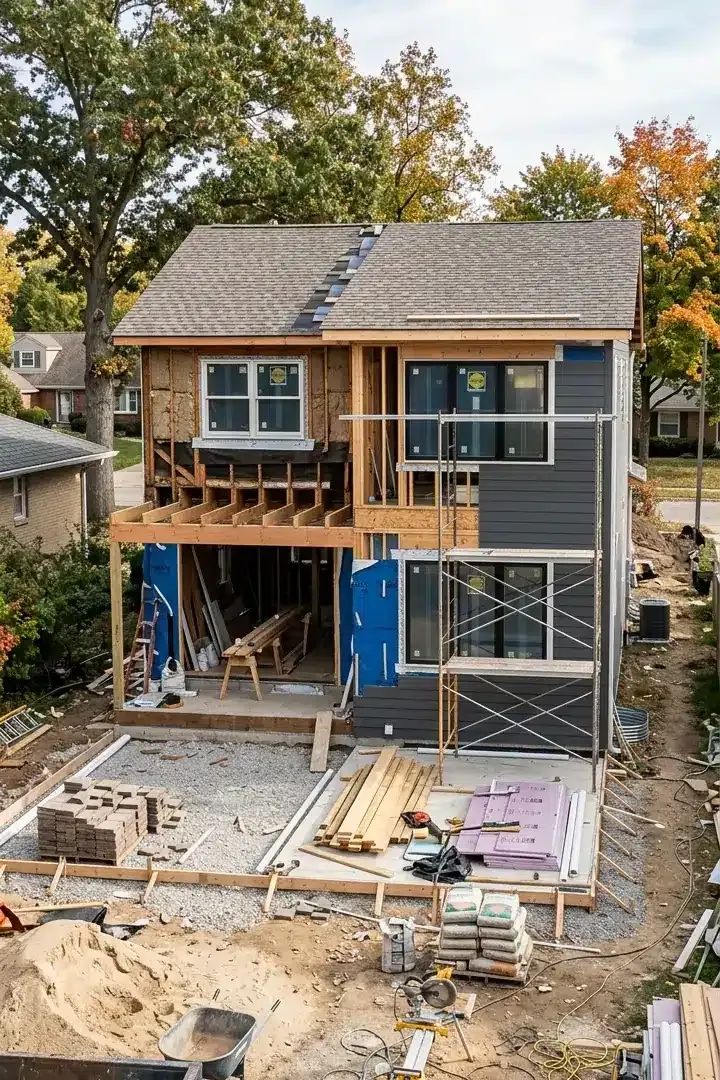 Two-story home under construction with new siding and exposed balcony framing