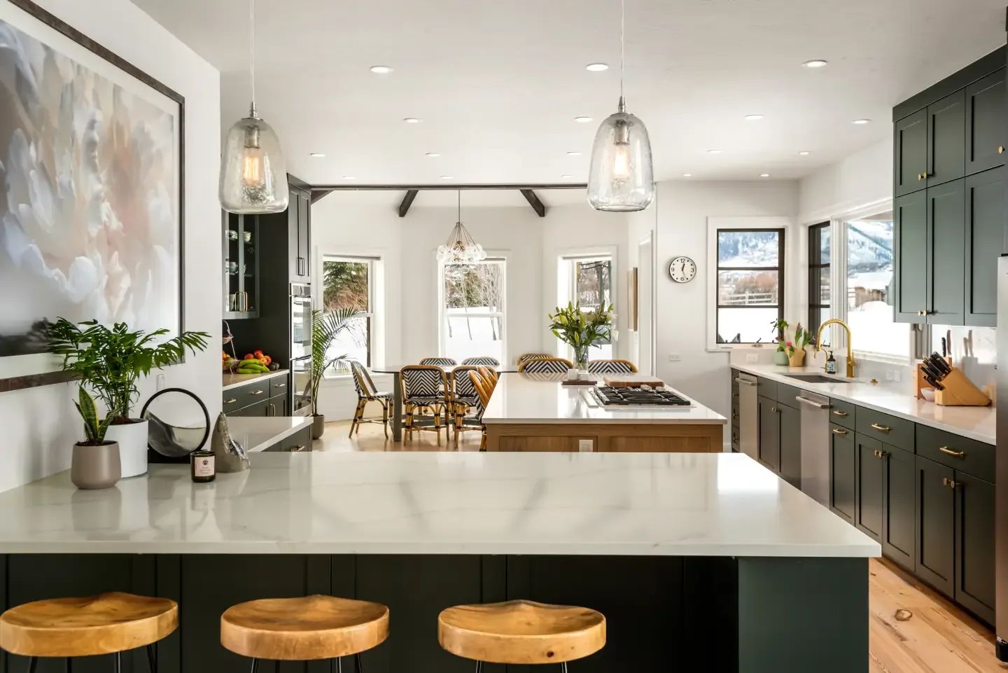 Remodeled kitchen with a large island and dining area