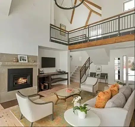 Custom home living room with loft and fireplace