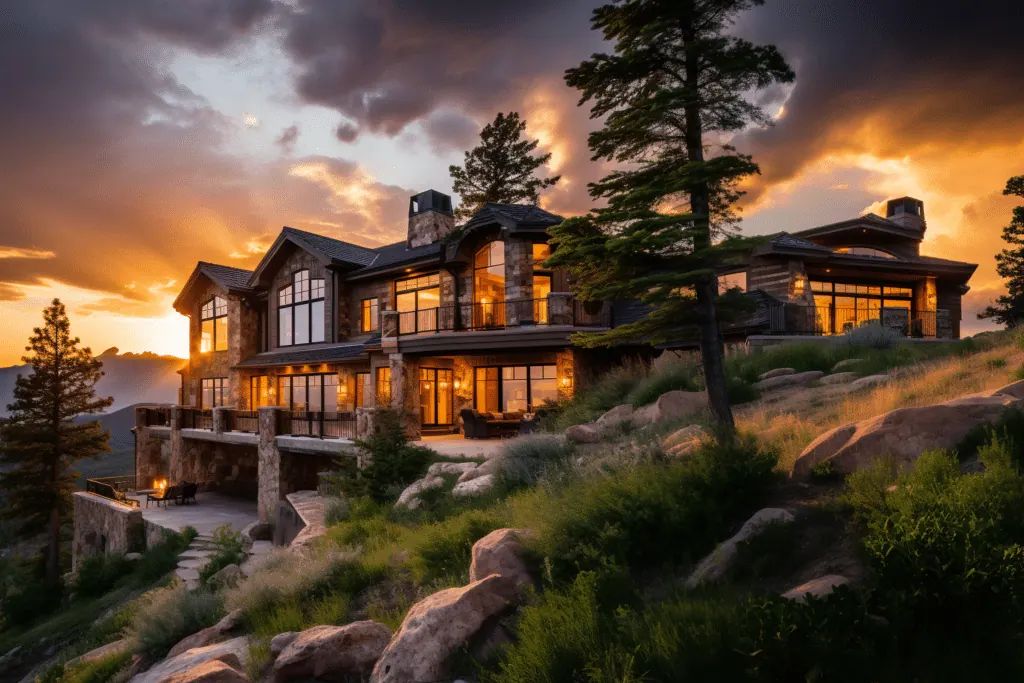 Illustration of a timber and stone mountain home at sunset among pine trees