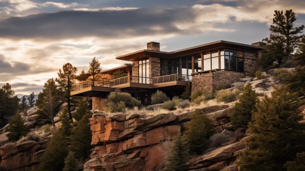 Illustration of a modern mountain home built on rocky cliffs