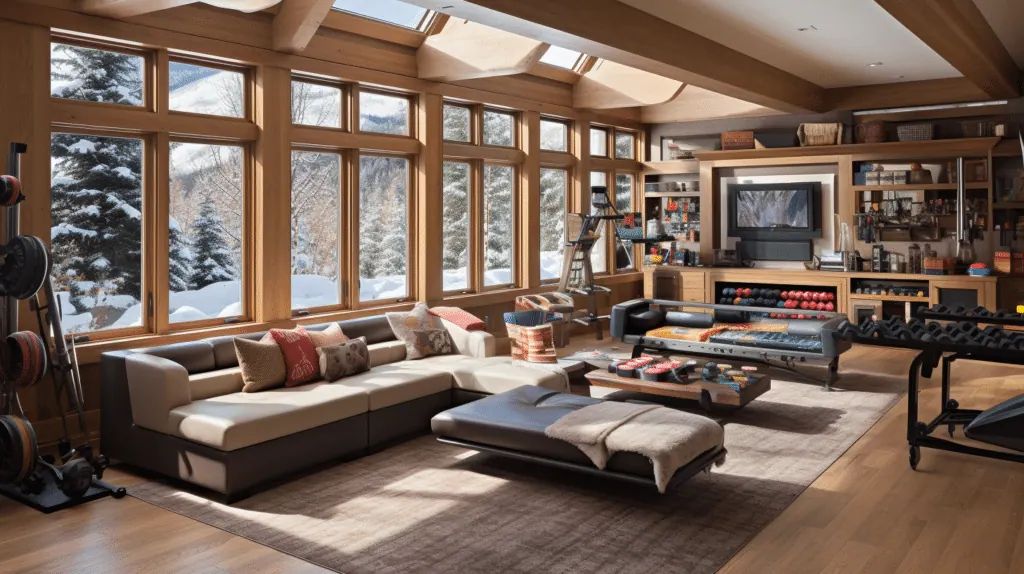 Illustration of a multi-purpose room with lounge seating, shelving and snowy views