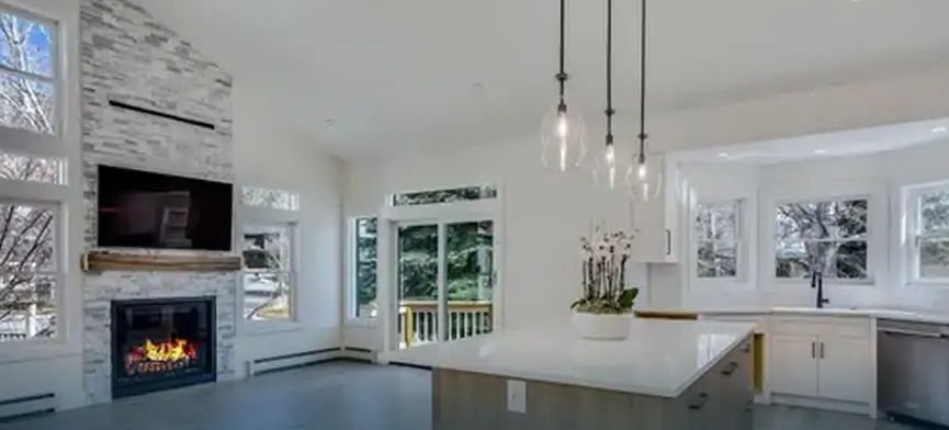 Remodeled Basalt great room with stone fireplace and kitchen island