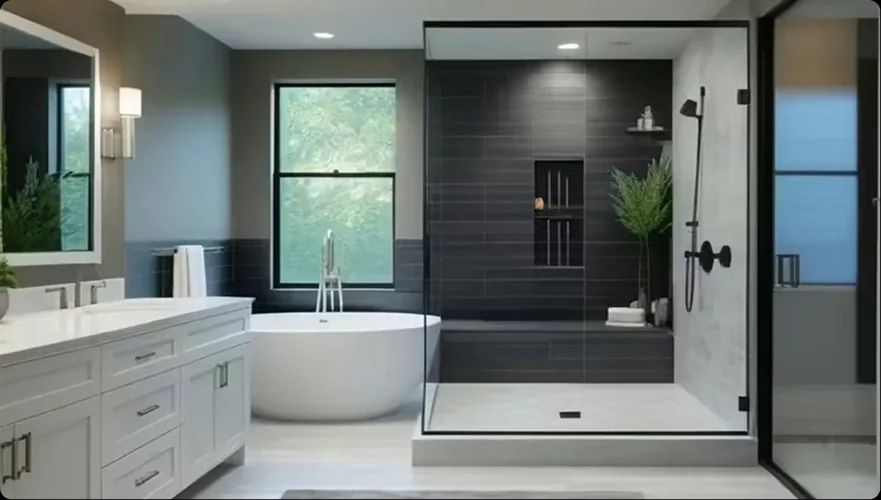 Remodeled bathroom with freestanding tub and glass shower