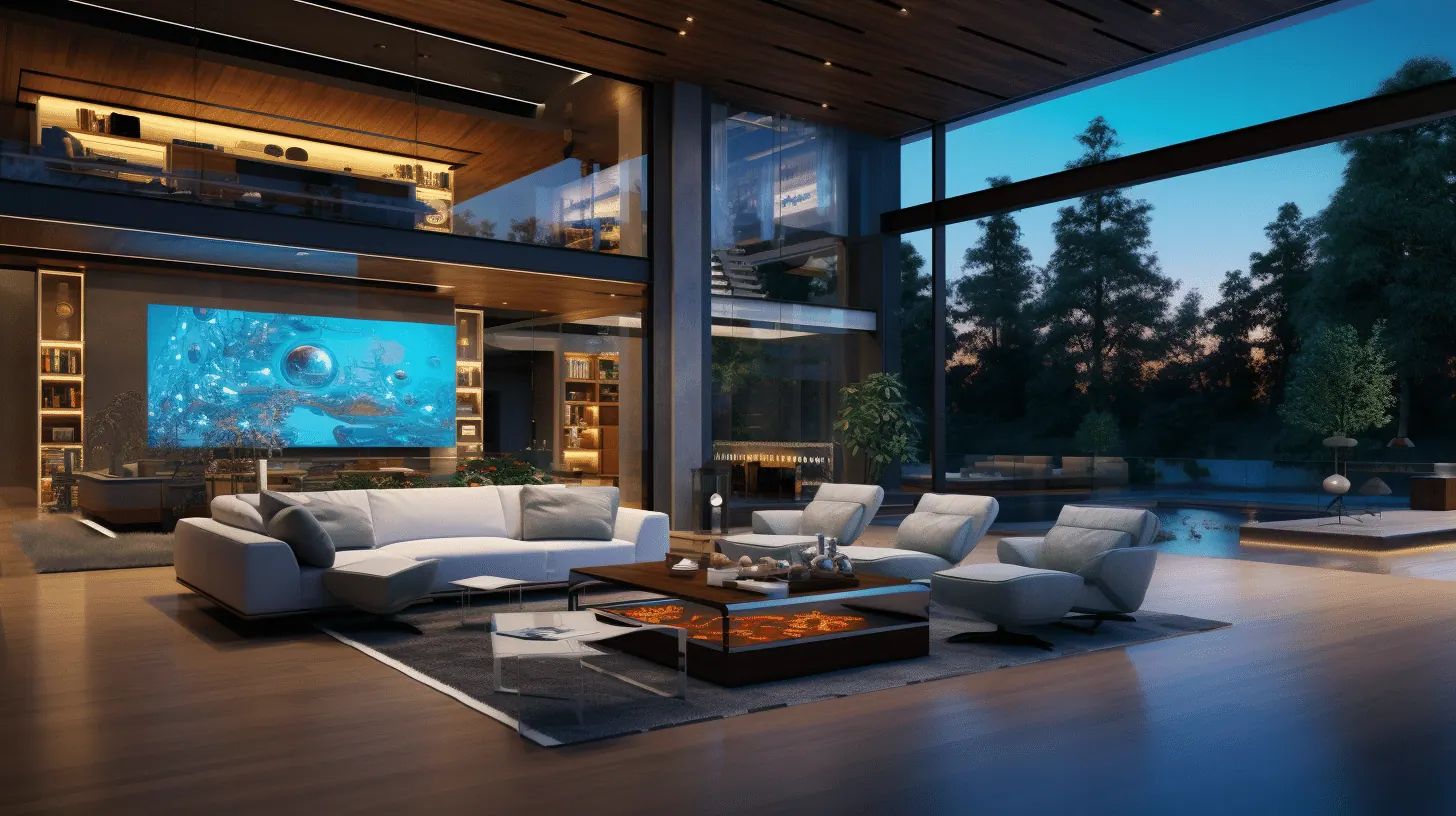 Illustration of a mountain home media room with a large screen and forest views