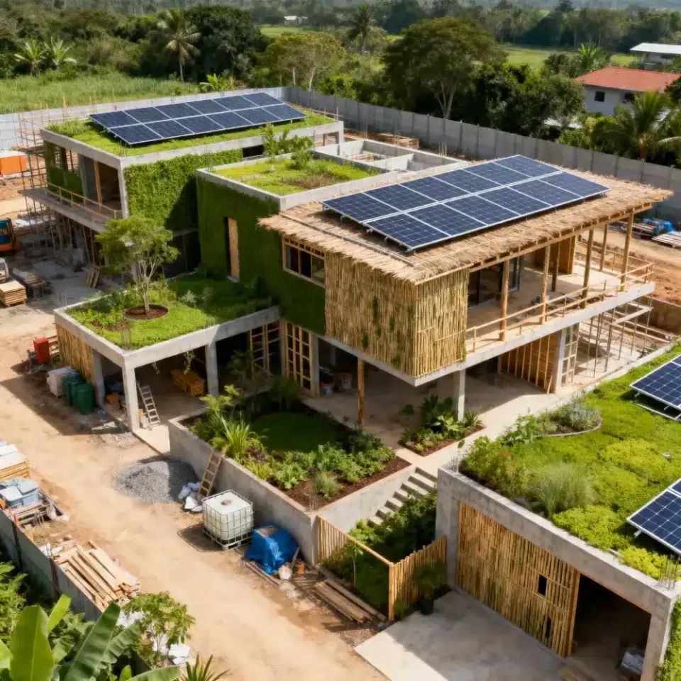 Home under construction with rooftop solar panels and planted green roofs