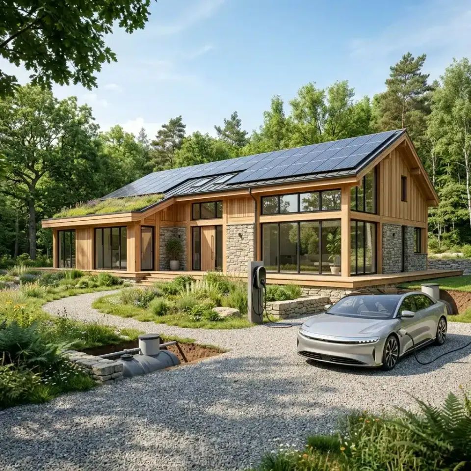 Timber and stone home with rooftop solar panels and an electric car charging in the driveway