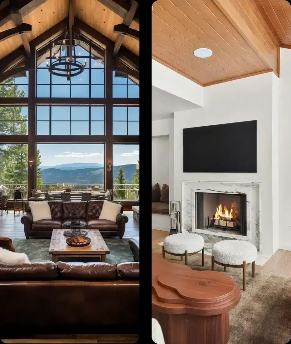 Great room with timber trusses and tall windows facing the mountains